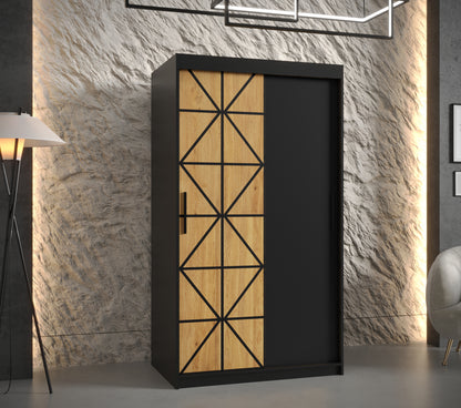 OSLO - Wardrobe Sliding Doors Black with Unique Pattern, Shelves, Rails, Drawers Optional >100cm<