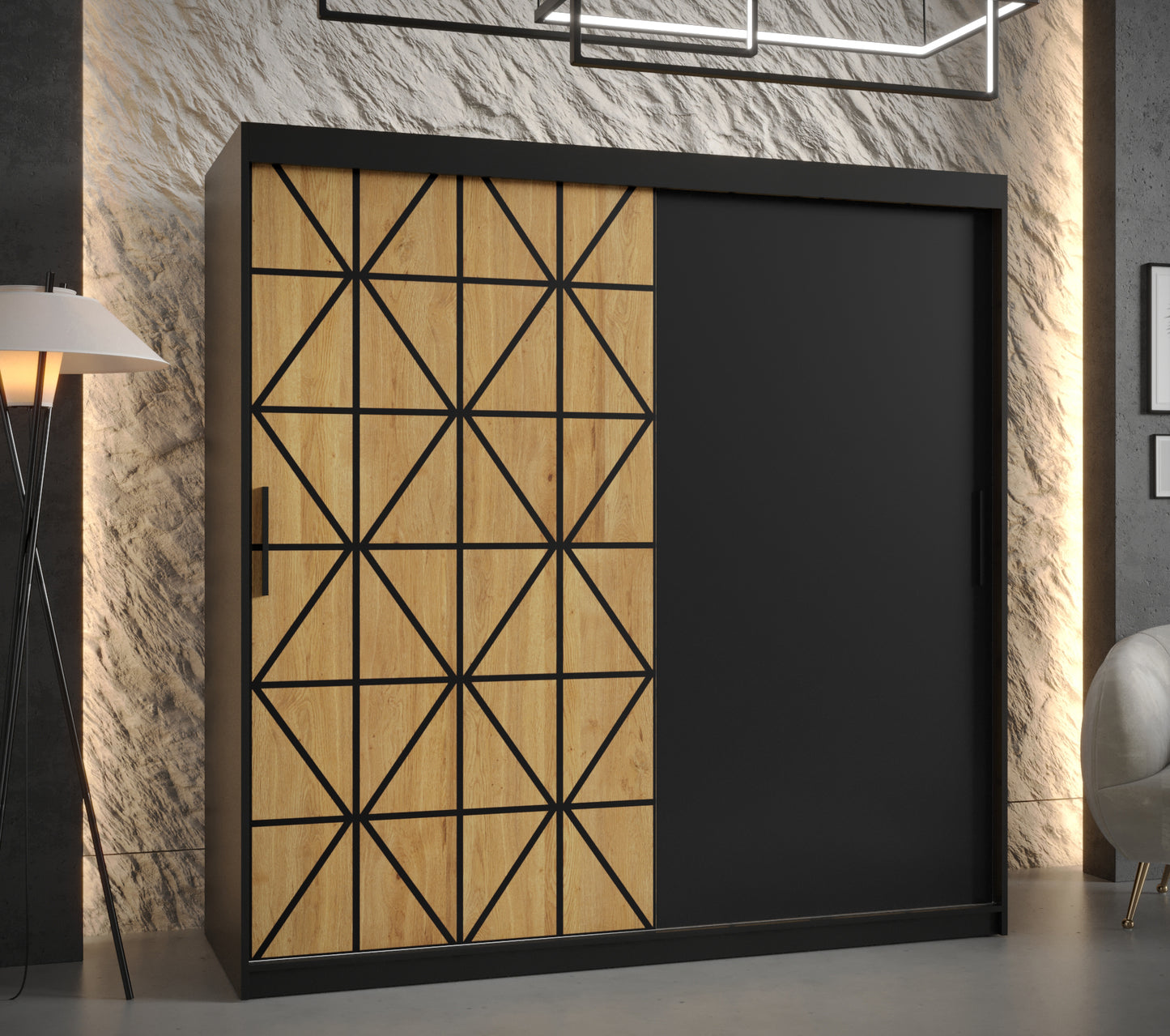 OSLO - Wardrobe Sliding Doors Black with Unique Pattern, Shelves, Rails, Drawers Optional >180cm<