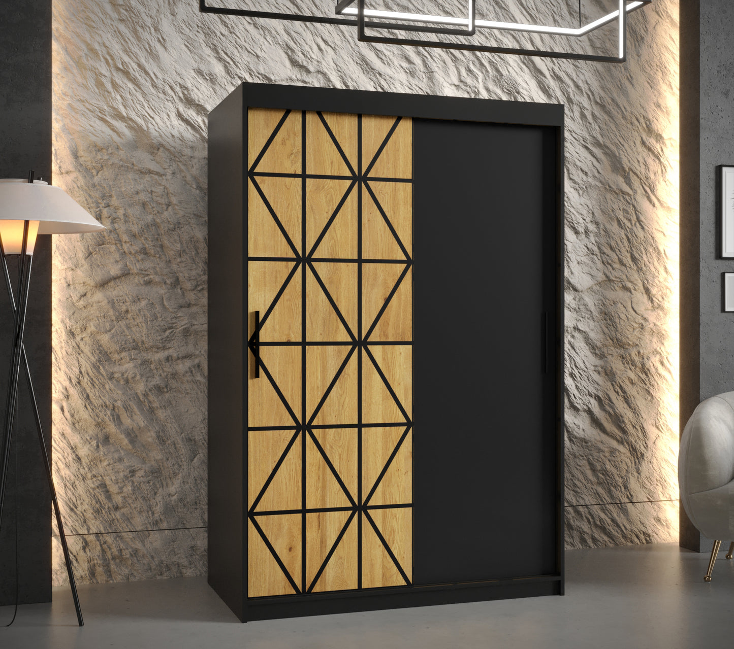 OSLO - Wardrobe Sliding Doors Black with Unique Pattern, Shelves, Rails, Drawers Optional >120cm<