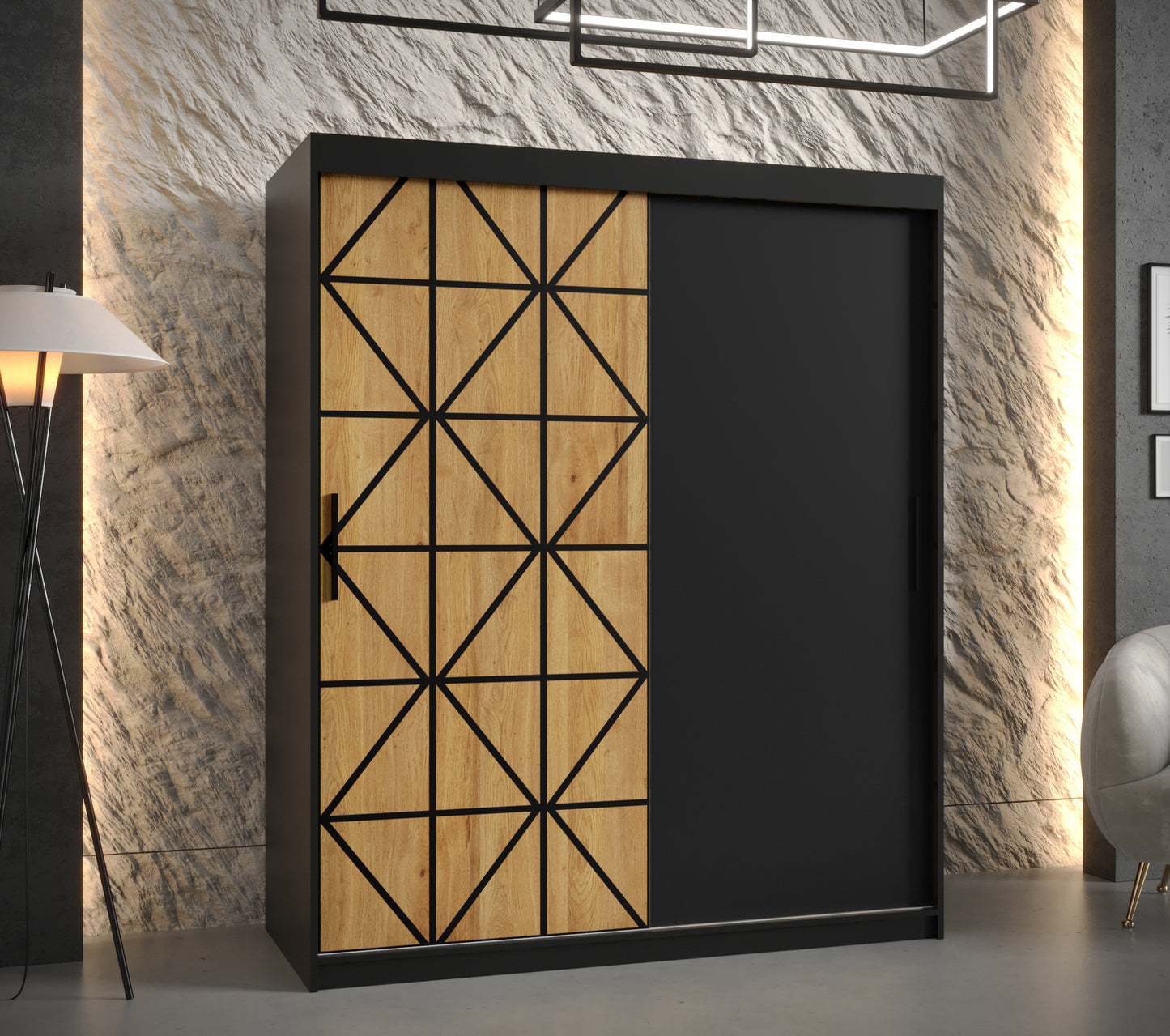 OSLO - Wardrobe Sliding Doors Black with Unique Pattern, Shelves, Rails, Drawers Optional >150cm<