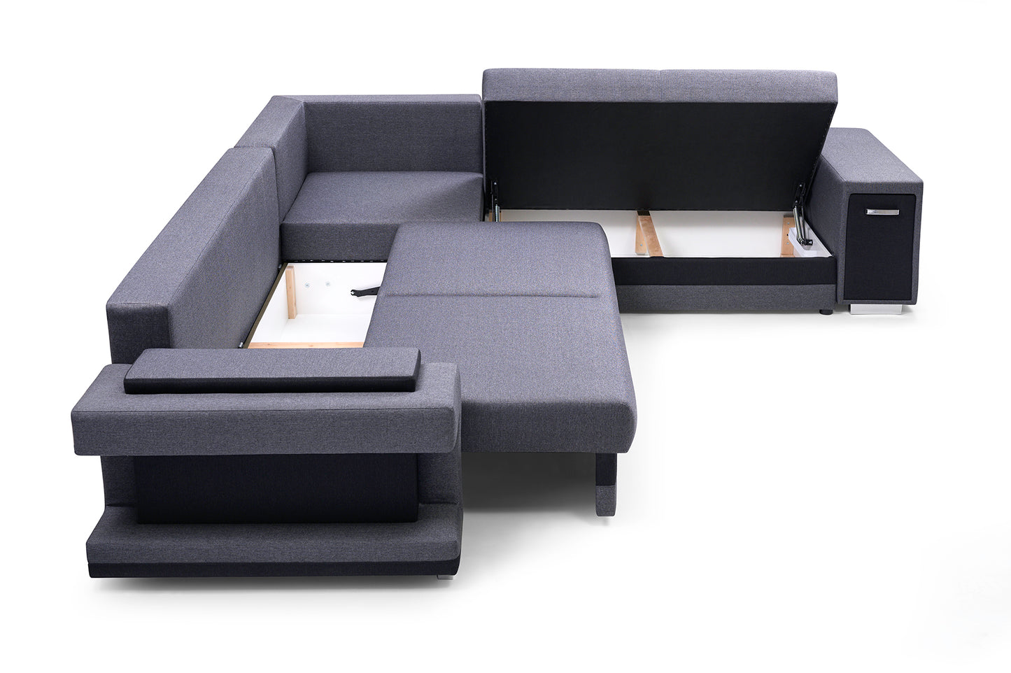 ASTA2 - Functional and modern corner sofa bed with drawer, 2 storages and pull out bed >305x272cm<