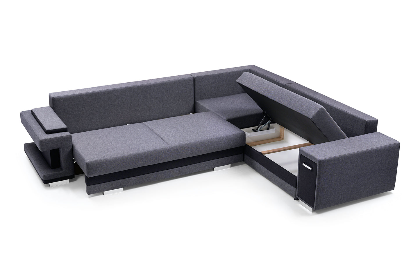 ASTA2 - Functional and modern corner sofa bed with drawer, 2 storages and pull out bed >305x272cm<