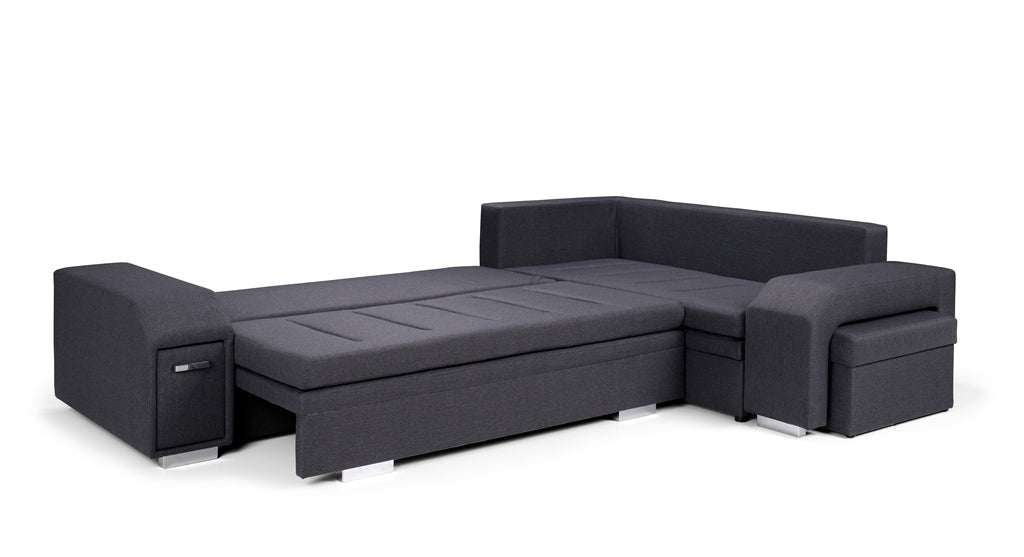 ALAN - Modern Corner Sofa Bed with 2 Storages, Footstool, Drawer and Pull Out Bed. Various Colours >305x205cm<
